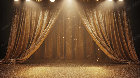 A stunning view of golden stage curtains illuminated by soft lighting, creating a glamorous atmosphere. Ideal for events and performances.の素材