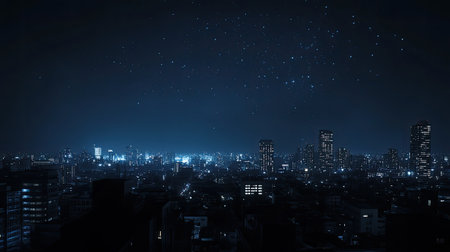 A breathtaking nighttime cityscape showcasing glowing buildings under a starry sky. The tranquil scene features urban lights illuminating the landscape, creating an atmospheric view.の素材