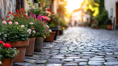 A serene cobblestone street adorned with vibrant flower pots, illuminated by warm evening light, capturing the charm of a beautiful summer day.の素材