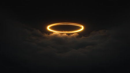 An enchanting halo of light shines through dark clouds, creating a mystical and serene atmosphere. This ethereal scene evokes feelings of tranquility and wonder.の素材