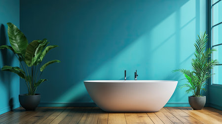A serene bathroom featuring a sleek freestanding bathtub against vibrant blue walls, complemented by lush green plants and natural light, ideal for relaxation.の素材