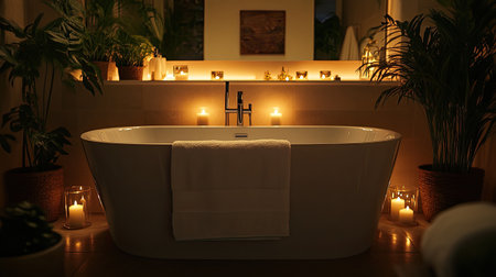 Experience a tranquil bathroom setting with a freestanding tub, surrounded by soft candlelight and lush plants, creating a serene atmosphere perfect for relaxation.の素材