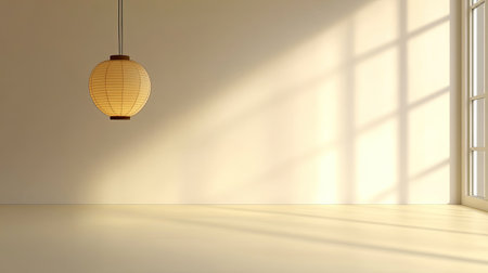 A serene minimalist interior featuring a soft paper lantern and gentle sunlight casting shadows. Perfect for showcasing tranquility and modern design elements.の素材