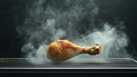 A tasty grilled chicken drumstick surrounded by smoky vapor, showcasing its crispy skin and juicy texture on a barbecue grill, perfect for outdoor meals.の素材