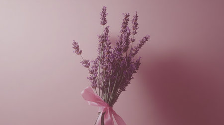 A charming lavender bouquet stands elegantly against a soft pink background, tied with a delicate ribbon. Perfect for adding a serene touch to any space.の素材