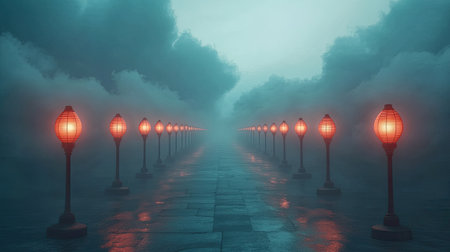 A tranquil foggy pathway lined with glowing lanterns creates an ethereal atmosphere at dusk. The scene evokes feelings of solitude and mystery, inviting exploration.の素材