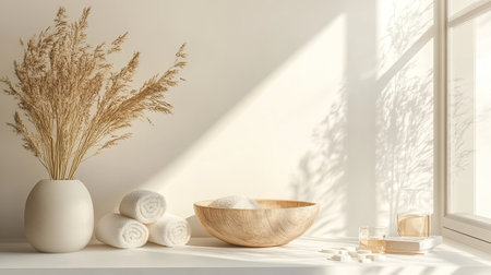 A tranquil spa-inspired setting featuring soft textures, dried botanicals, and warm sunlight, designed to promote relaxation and self-care in your home.の素材