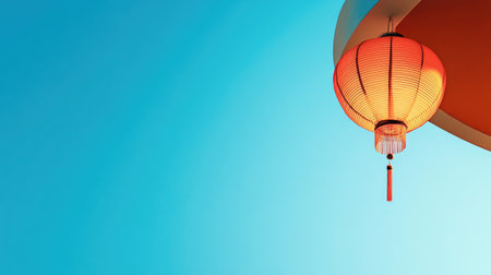 A beautifully crafted red lantern hangs against a vibrant blue sky. This serene image captures the essence of tradition and cultural celebration, creating a warm atmosphere.の素材