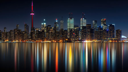 A breathtaking night view of Toronto's skyline, showcasing illuminated buildings reflected on calm waters. The vibrant colors and modern architecture create a stunning scene ideal for travel and urban photography.の素材