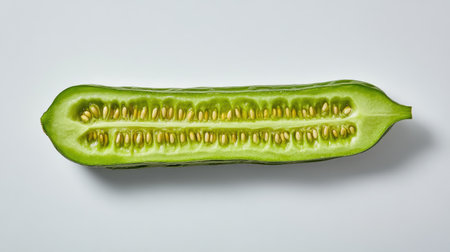 A freshly cut cucumber halved to reveal its bright green flesh and seeds, perfect for showcasing fresh ingredients in healthy meals and snacks.の素材