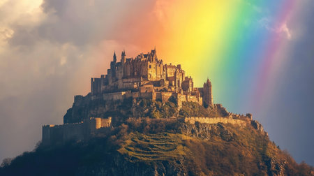 A stunning castle perched atop a rugged mountain, illuminated by a vibrant rainbow against a dramatic sky. A breathtaking combination of nature and architecture.の素材