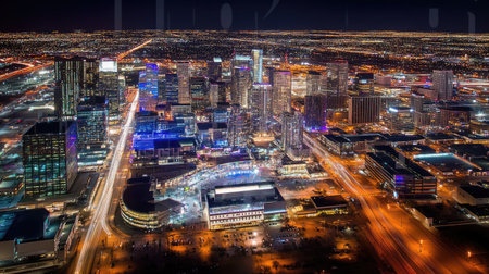 Stunning aerial view of a lively city at night showcasing illuminated skyscrapers and vibrant streets. The dynamic skyline offers a breathtaking urban landscape.の素材