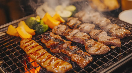 A delicious spread of grilled meats and fresh vegetables creating an inviting barbecue scene. Perfect for summer gatherings and outdoor feasts.の素材