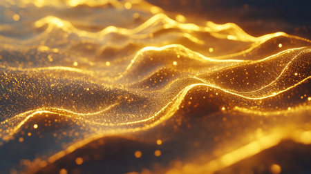 Stunning abstract image showcasing golden waves of light with sparkling particles, creating a sense of movement and warmth against a dark background. Perfect for design and creative projects.の素材