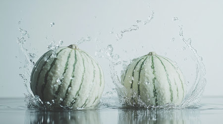 Two watermelons create stunning splashes in clear water, highlighting freshness and vitality. Ideal for summer-themed projects or healthy lifestyle visuals.の素材