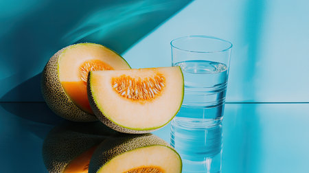 A beautiful composition featuring fresh melon slices next to a glass of water, showcasing a vibrant blue background that highlights healthy summer refreshment.の素材