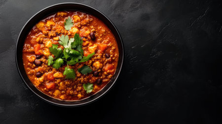 A vibrant bowl of chili featuring a mix of beans, tomatoes, and spices. Topped with fresh cilantro, this dish is perfect for a cozy meal.の素材