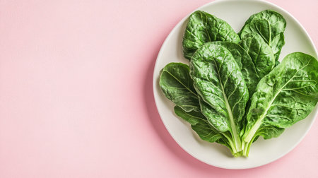 A vibrant display of fresh green leaves arranged on an elegant plate, set against a soft pink background. Perfect for healthy lifestyle and culinary concepts.の素材