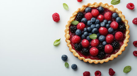 A vibrant berry tart featuring layers of fresh raspberries, blackberries, and blueberries. Perfect for summer gatherings, this dessert entices with its colorful presentation and delicious flavors.の素材