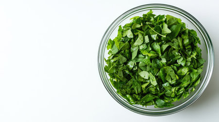 A clear glass bowl filled with freshly chopped green leafy vegetables on a white surface, perfect for healthy cooking or salad preparation.の素材