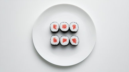 This image features six fresh sushi rolls beautifully presented on a minimalist white plate. The vibrant colors and textures create an appetizing culinary experience.の素材