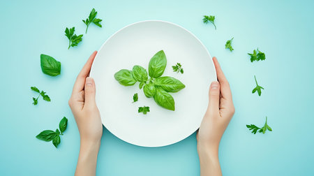 A serene composition featuring fresh green herbs arranged on a white plate, held by hands against a calming blue background, showcasing culinary freshness and health.の素材