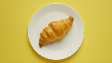 This image features a golden croissant placed on a white plate against a bright yellow background, highlighting its flaky texture and inviting appeal.の素材