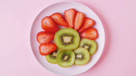 A vibrant arrangement of fresh sliced strawberries and kiwi on a white plate against a soft pink background. Perfect for healthy eating concepts.の素材