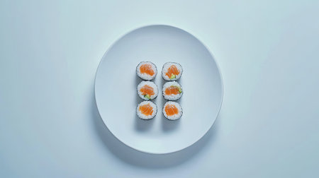 A visually appealing arrangement of fresh sushi rolls presented on a white plate, showcasing vibrant colors and a minimalist style perfect for culinary lovers.の素材
