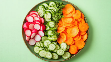 A vibrant plate showcasing freshly sliced vegetables, including radish, cucumber, and carrot, arranged beautifully on a green background, ideal for healthy meal preparation.の素材