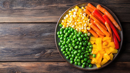 A vibrant assortment of fresh vegetables including peas, corn, carrots, and bell peppers arranged on a rustic wooden table, perfect for healthy eating and meal preparation.の素材