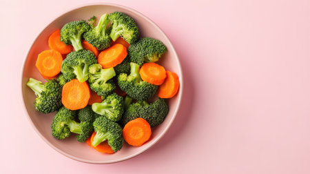 This image showcases a colorful mix of fresh broccoli and sliced carrots, arranged in a bowl on a soft pink background, highlighting healthy eating and nutrition.の素材