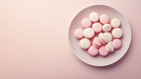 A visually appealing arrangement of assorted macarons on a pale pink plate. The pastel colors and elegant presentation make it perfect for dessert tables.の素材