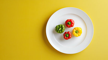 Vibrant bell peppers in red, green, and yellow arranged on a white plate against a sunny yellow background, perfect for showcasing healthy eating and culinary creativity.の素材
