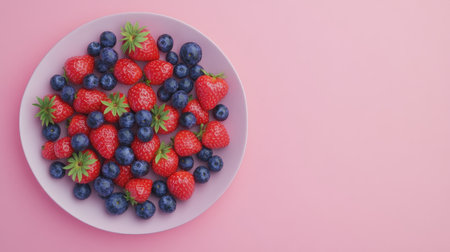 A vibrant assortment of fresh strawberries and blueberries arranged on a white plate, set against a soft pink background, ideal for health or food-related themes.の素材