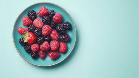 A vibrant arrangement of fresh raspberries and blackberries on a turquoise plate, showcasing a delightful and healthy snack option. Perfect for food lovers.の素材