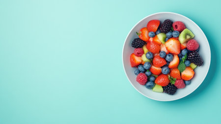 A vibrant bowl of fresh fruit salad featuring strawberries, blueberries, raspberries, blackberries, and kiwi on a serene blue background. Perfect for health enthusiasts!の素材