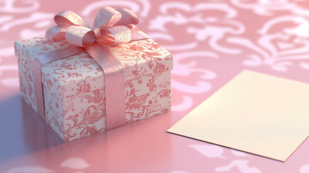 This elegant gift box features a beautiful pink ribbon and a blank card, perfect for any special occasion or celebration. The soft background adds charm and warmth.の素材