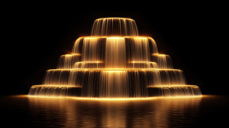 A stunning depiction of a golden waterfall, cascading elegantly into still water, illuminated against a dark background. This serene scene evokes tranquility and beauty.の素材