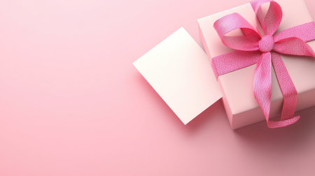 A charming gift box adorned with a pink ribbon sits on a soft pink background. An empty card lies next to it, perfect for personalized messages on special occasions.の素材