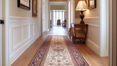 A beautifully designed hallway showcasing an elegant area rug, wooden flooring, and tasteful decor. The space exudes warmth and comfort.の素材