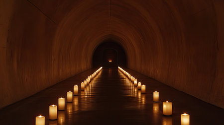 A peaceful tunnel illuminated by soft candlelight creates a serene atmosphere. The warm glow enhances the calm and inviting nature of the space.の素材