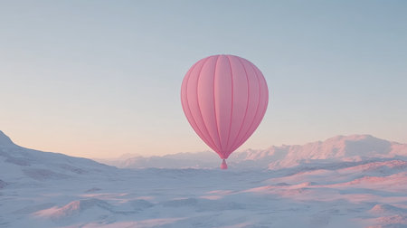 A pink hot air balloon floats gracefully above a serene snowy landscape at sunrise, creating a tranquil and dreamy atmosphere perfect for adventure and leisure.の素材