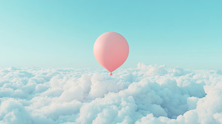 A solitary pink balloon drifts gracefully above fluffy white clouds in a serene blue sky. This dreamy scene captures a sense of freedom and tranquility, perfect for conveying themes of adventure and imagination.の素材