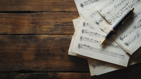 A close-up view of vintage music sheets scattered on a rustic wooden table, accompanied by an elegant pen. Perfect for creative and artistic projects.の素材