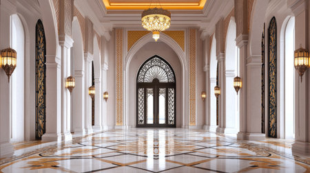 A stunning interior view of a grand hall featuring ornate details, elegant chandeliers, and intricate architectural elements, creating a luxurious ambiance.の素材