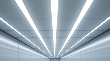 A modern minimalist hallway featuring bright LED lights and clean lines. The image showcases a sleek design with a futuristic feel, ideal for architectural and interior themes.の素材