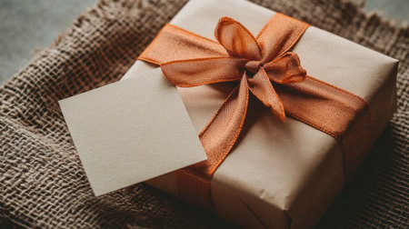 A beautifully wrapped gift featuring brown paper and a vibrant orange ribbon. The simple yet elegant design creates a warm, inviting aesthetic perfect for any occasion.の素材