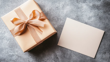 A beautifully wrapped gift box adorned with a soft ribbon, accompanied by a blank card on a textured gray surface, ideal for any occasion or celebration.の素材