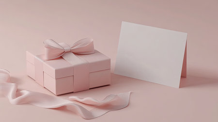 This image features a delicate pink gift box adorned with a ribbon, accompanied by a blank card. Perfect for celebrations, it offers a stylish and aesthetic touch to any occasion.の素材